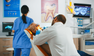 Dentist examining patient's teeth with digital imaging technology in modern dental office.