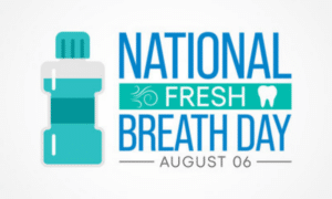 National Fresh Breath Day logo for August 6 celebration with mouthwash bottle and tooth icon.